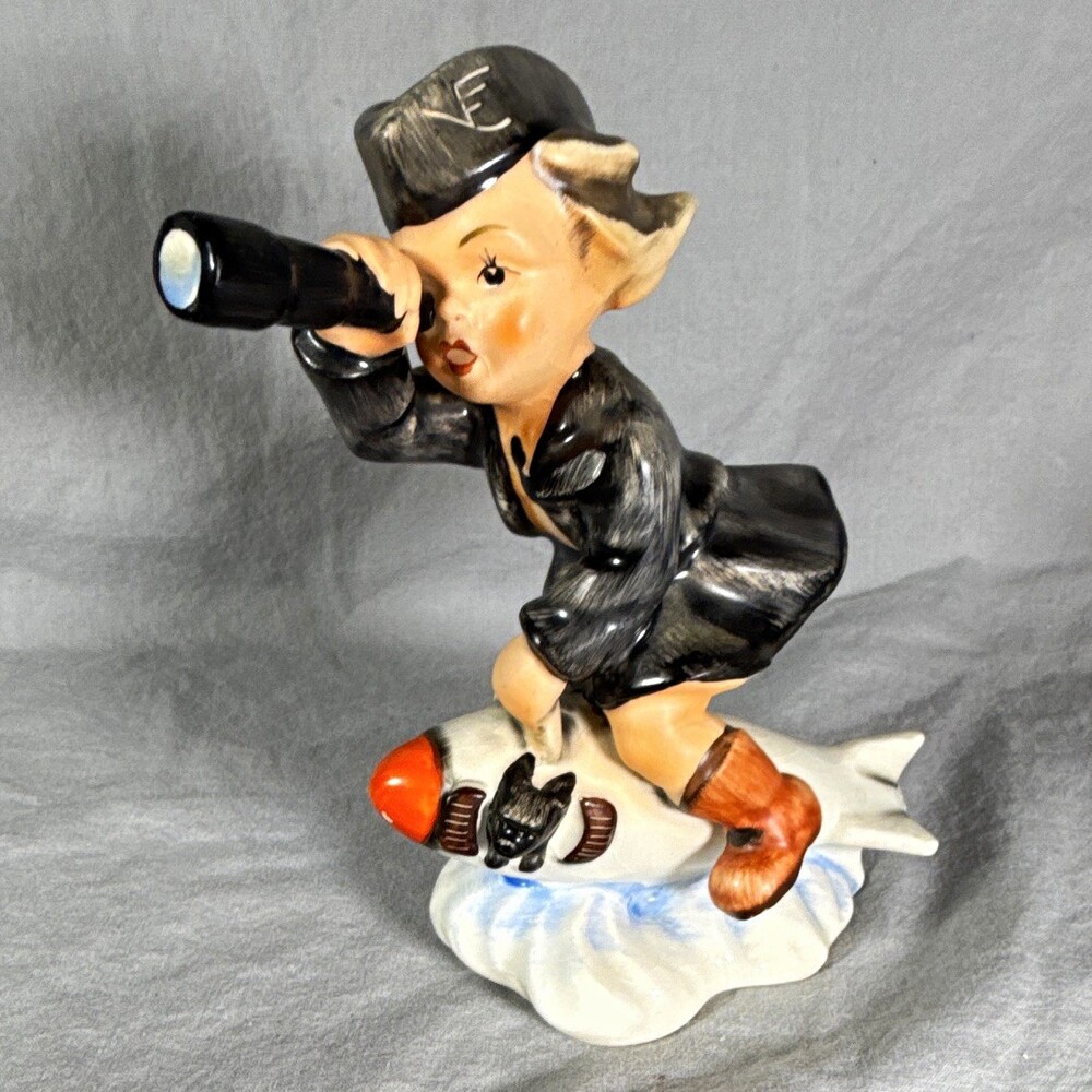 Rare 1950s Friedel Bavaria Ceramic Figurine Kid on Rocket Space Spyglass German